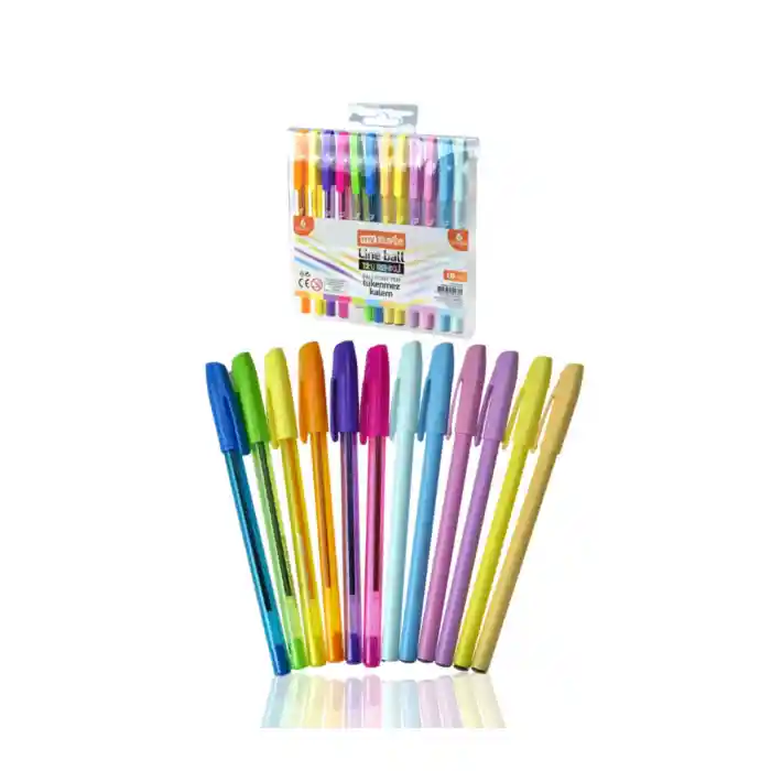 Lineball 12 Renkli Tükenmez Kalem Seti 6 Pastel 6 Neon Renk (1 Adet)