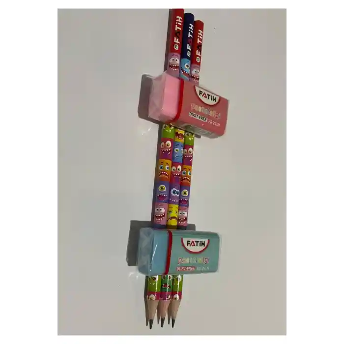 emoji baskılı 3 lü kurşun kalem ve 2 li pastel silgi
