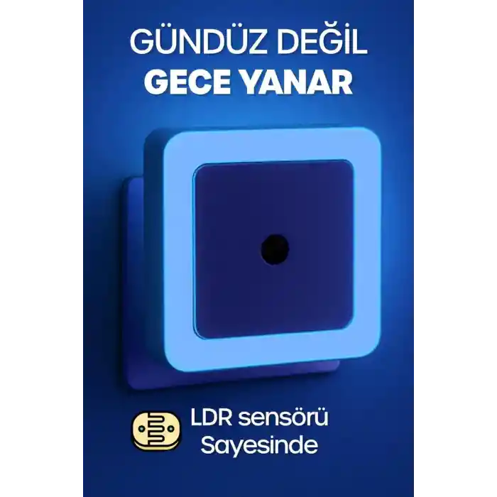 Sensörlü Gece Lambası A Enerji Sınıfı Işığa Duyarlı LDR Sensörlü, Fotoselli Sensörlü Işık (Mavi)