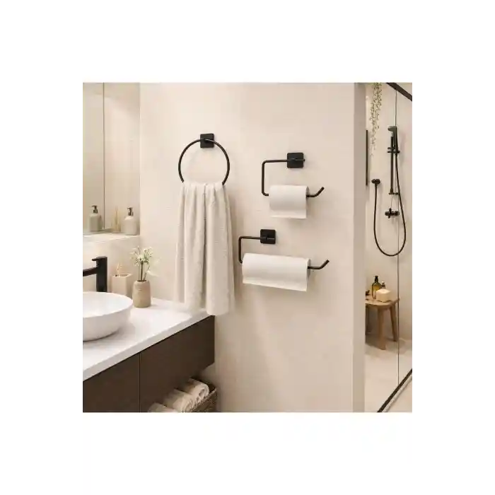 meala kozmetık store 3’lü Siyah Banyo Seti, Yapışkanlı ve Vidalı Montajlı Havluluk, Tuvalet Kağıtlığ