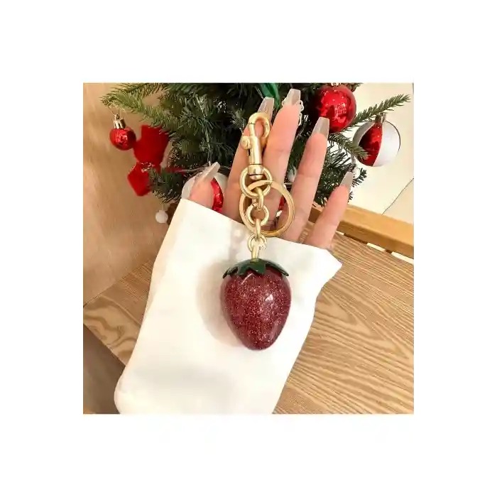Çilek Anahtarlık Kırmızı Çanta Süsü Charm Strawberry Red Gold