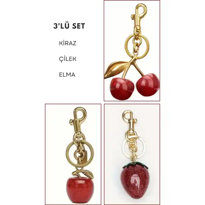 Kiraz Çilek ve Elma Anahtarlık Kırmızı Çanta Süsü Charm Red Gold 3lü Set