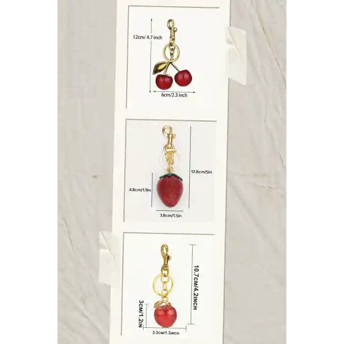 Kiraz Çilek ve Elma Anahtarlık Kırmızı Çanta Süsü Charm Red Gold 3lü Set