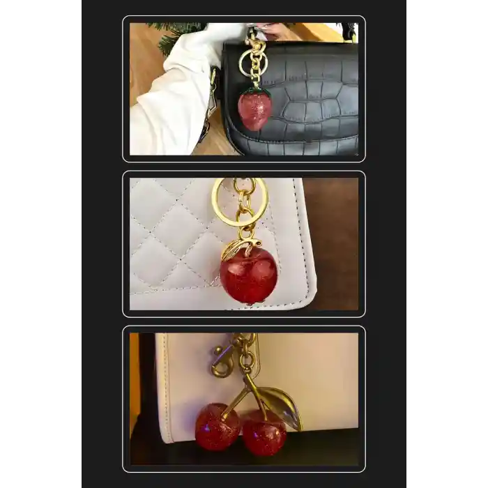 Kiraz Çilek ve Elma Anahtarlık Kırmızı Çanta Süsü Charm Red Gold 3lü Set