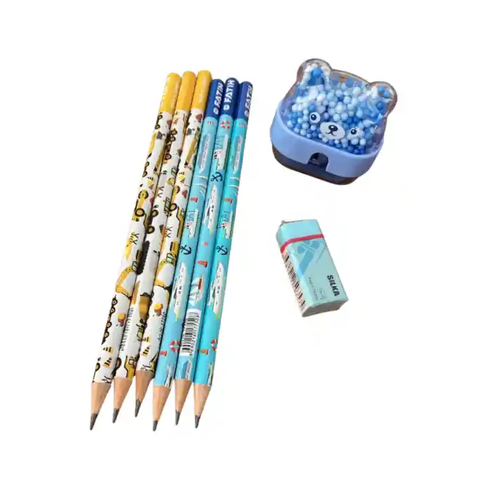 6 Adet Kurşun Kalem, 1 Adet Silka Pastel Silgi ve 1 Adet Kalemtıraş Kırtasiye Seti