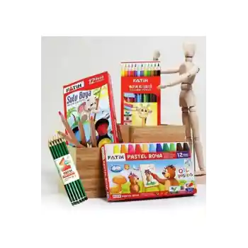 4lü Okul Seti - (12li Mercanlı KurşunKalem + 12li Kuru Boya + 12li Pastel Boya + 12li Sul