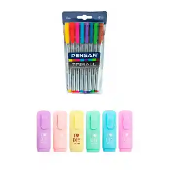 Triball 8li Tükenmez Kalem + I Love Dıy Mini Pastel Fosforlu 6lı Set