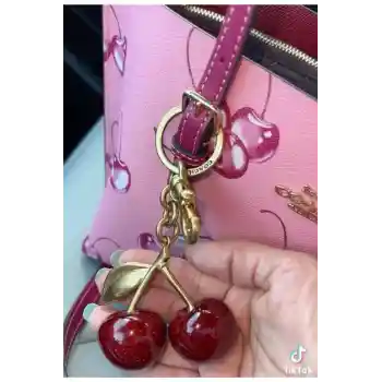 Simli Kiraz Gold Detaylı Kırmızı Viral Çanta Charm Çanta Süsü / Anahtarlık