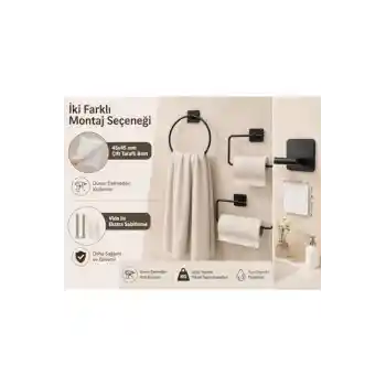 meala kozmetık store 3’lü Siyah Banyo Seti, Yapışkanlı ve Vidalı Montajlı Havluluk, Tuvalet Kağıtlığ