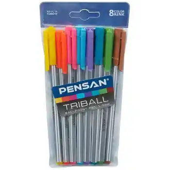 Triball Tükenmez Kalem Renkli 8li Vakumlu, Açık Yeşil/Kahve/Kırmızı/Mavi/Mavi&Yeşil/Mor/Pemb