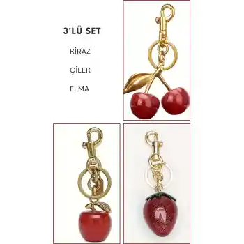 Kiraz Çilek ve Elma Anahtarlık Kırmızı Çanta Süsü Charm Red Gold 3lü Set