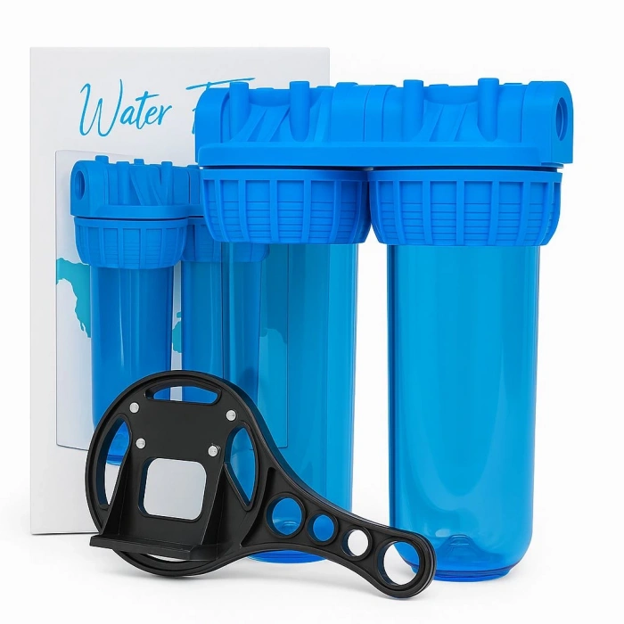 2Lİ Bina girişi Su Filtresi Housing Seti (10 inç) – Duvar Aparatı ve Filtre Anahtarlı