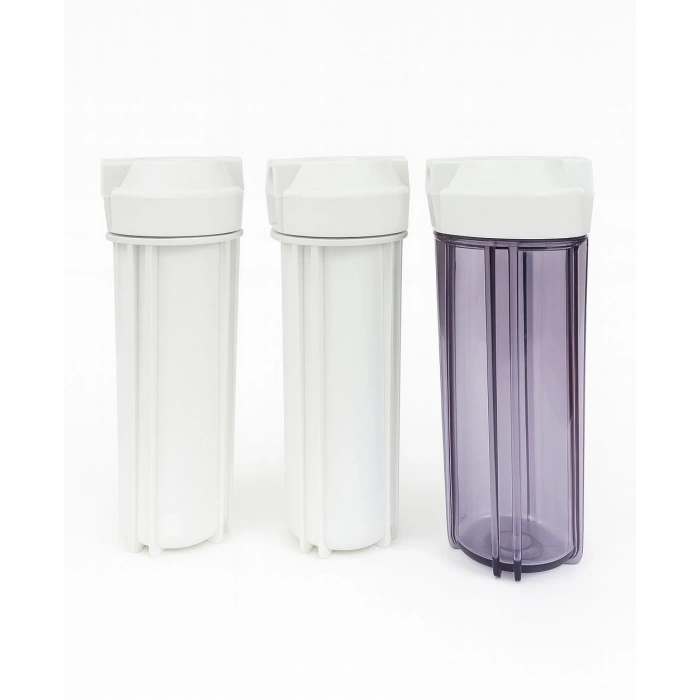 3’lü Su Arıtma Filtre Housing Seti (2 Beyaz + 1 Şeffaf Mor) – 10 İnç Filtre Kabı Takımı