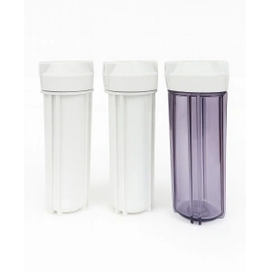 3’lü Su Arıtma Filtre Housing Seti (2 Beyaz + 1 Şeffaf Mor) – 10 İnç Filtre Kabı Takımı