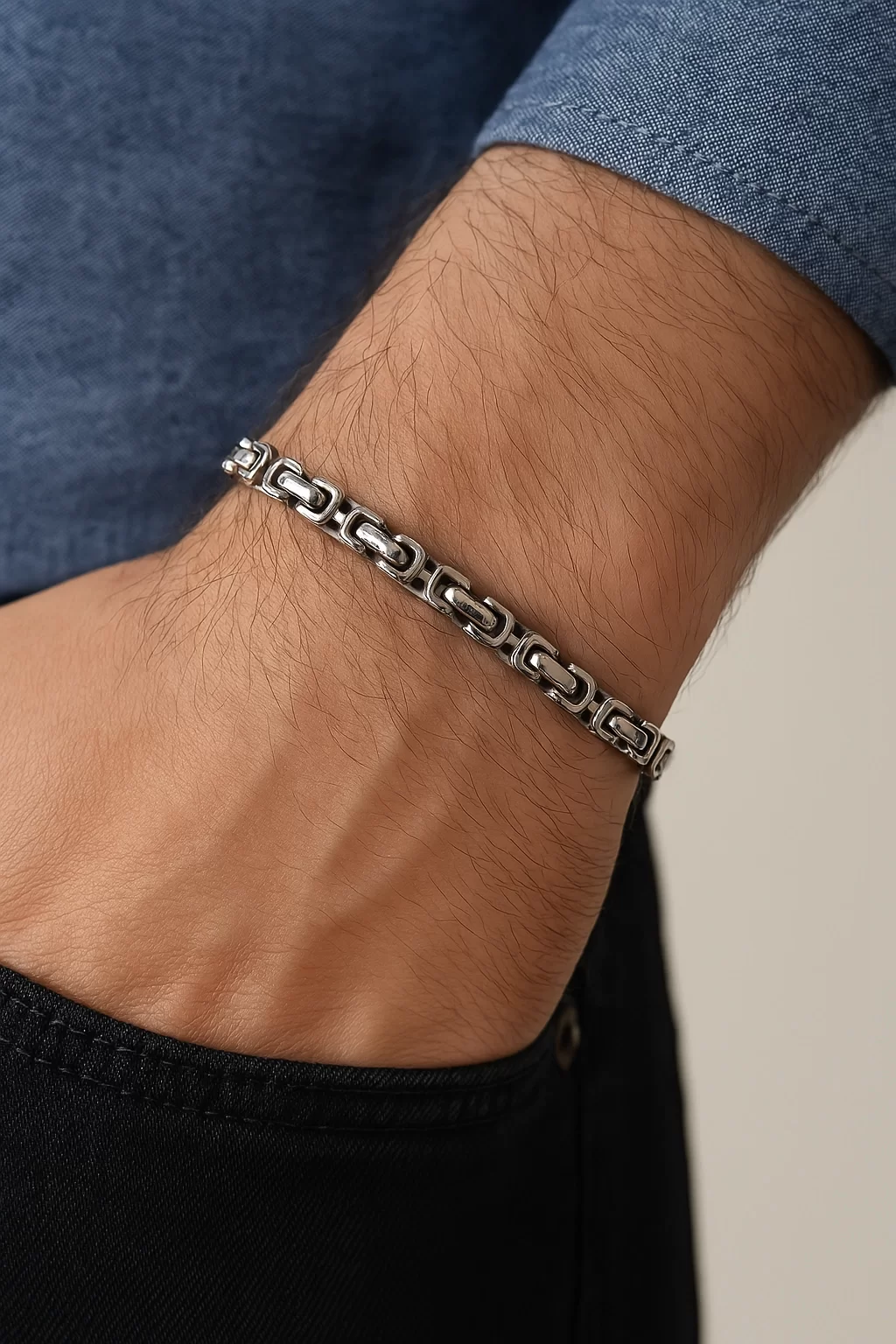 Gümüş Renk, Modern Halkalı Paslanmaz Çelik Erkek Bileklik 22 cm