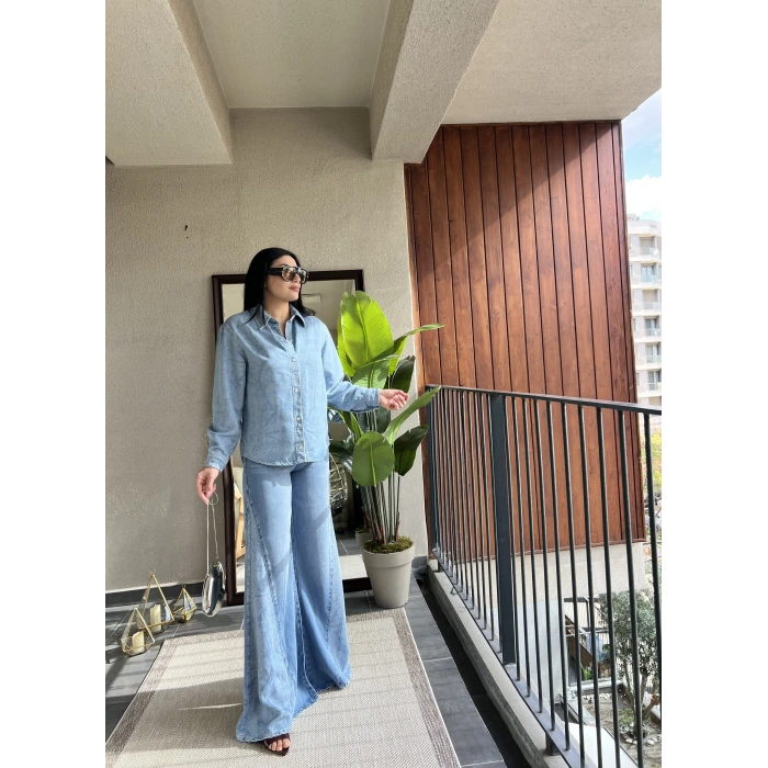 Buz Mavisi Paça Detaylı Kot Takım