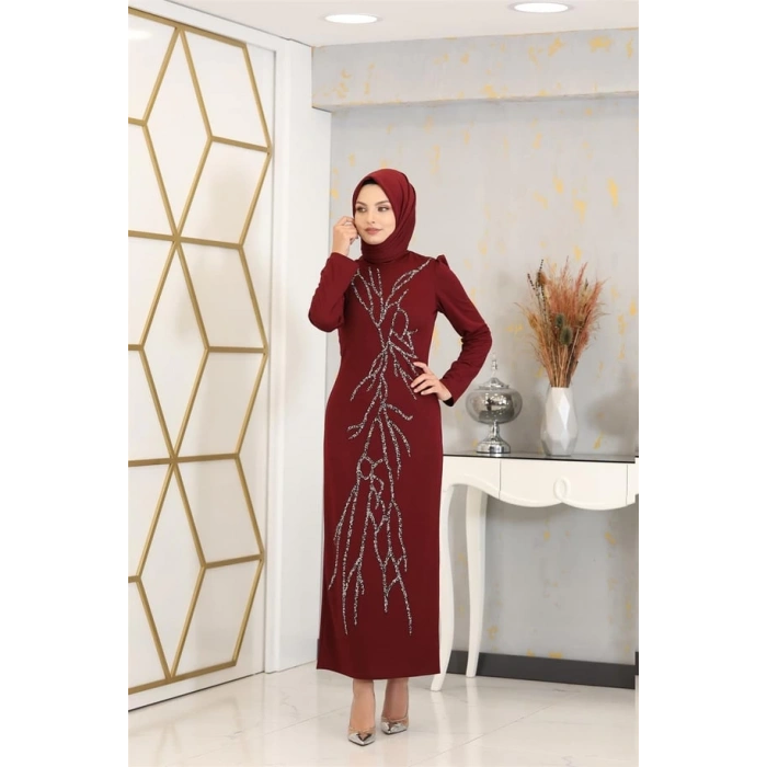 Aplik İşlemeli Kalem Tuana Kalem Tesettür Elbise - Bordo