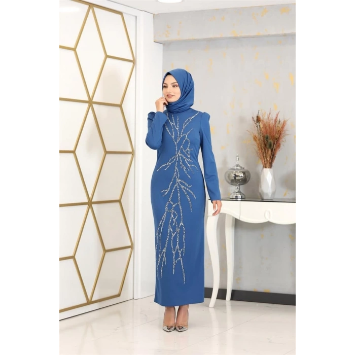 Aplik İşlemeli Kalem Tuana Kalem Tesettür Elbise - İndigo