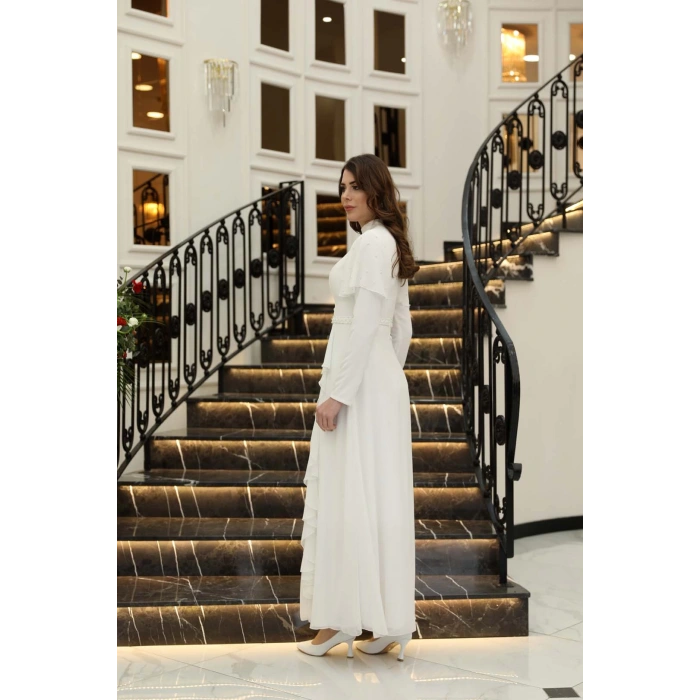 ASİL İNCİ DETAYLI ABİYE ELBİSE EKRU