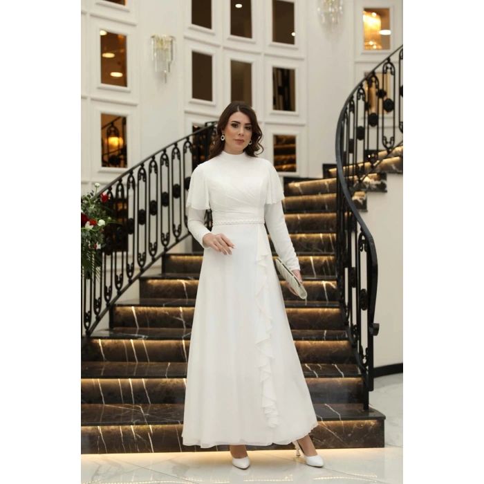 ASİL İNCİ DETAYLI ABİYE ELBİSE EKRU