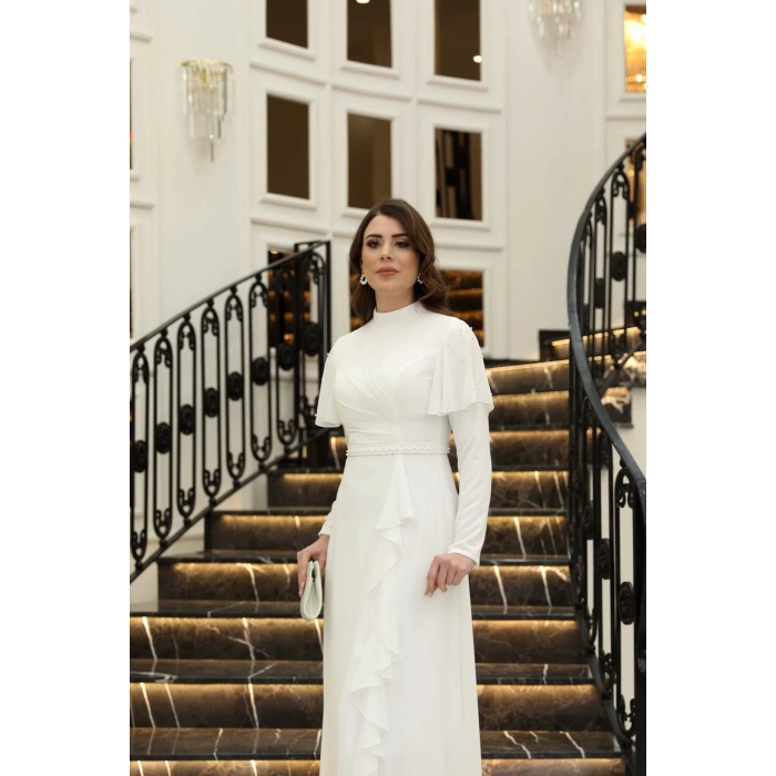 ASİL İNCİ DETAYLI ABİYE ELBİSE EKRU