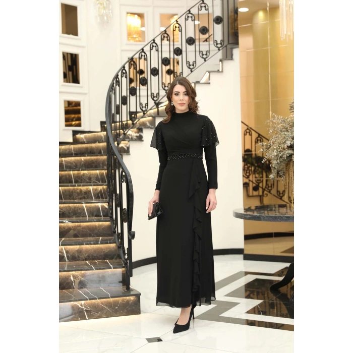 ASİL İNCİ DETAYLI ABİYE ELBİSE SİYAH