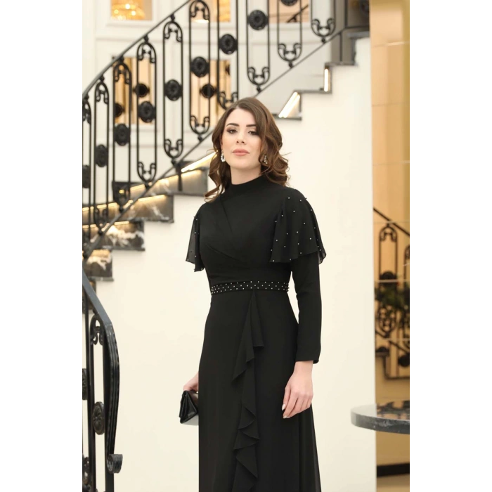 ASİL İNCİ DETAYLI ABİYE ELBİSE SİYAH