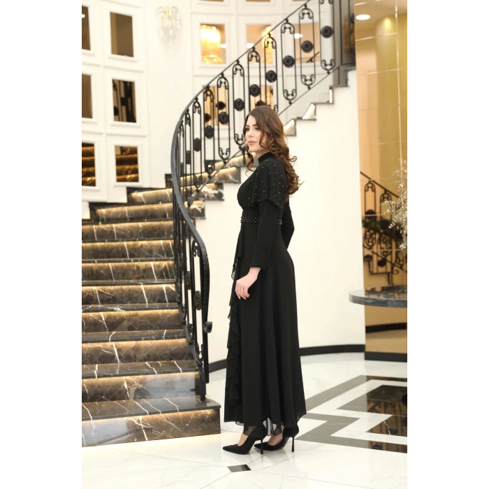 ASİL İNCİ DETAYLI ABİYE ELBİSE SİYAH