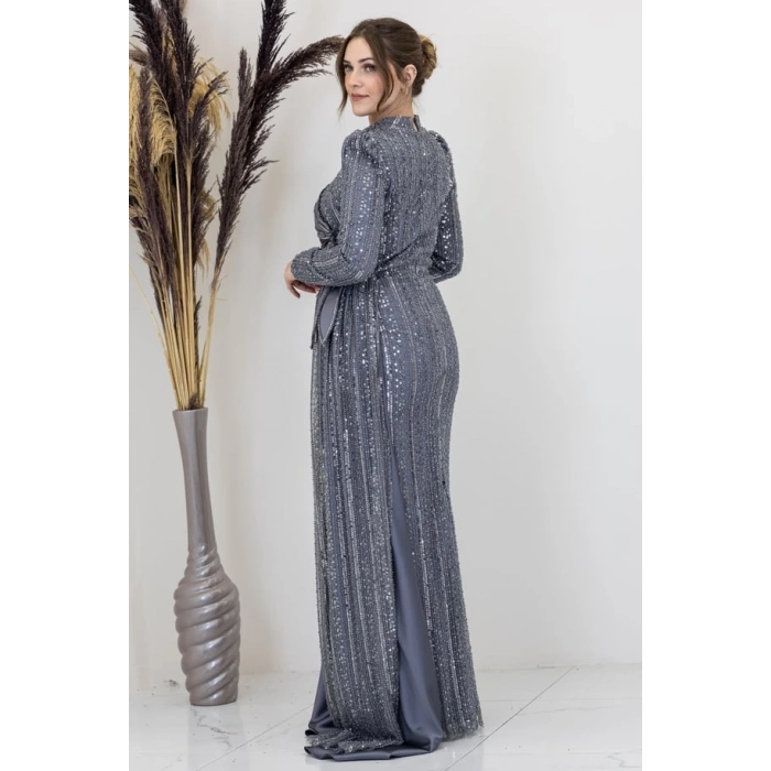 Beli Çiçek Detaylı Bergüzar Abiye - Gri