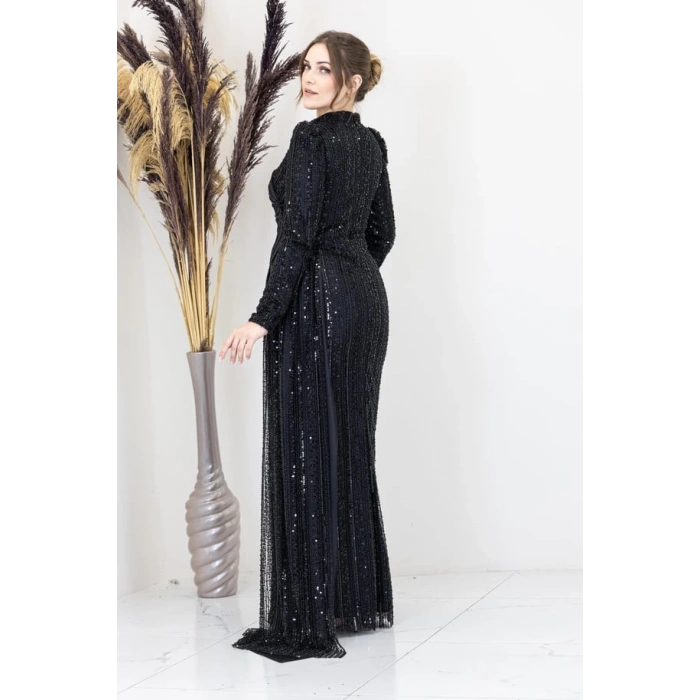 Beli Çiçek Detaylı Bergüzar Abiye - Siyah