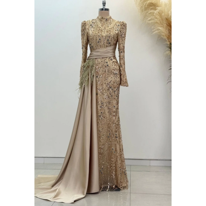Beli Kuyruk Detay Dantel Zenna Abiye - Gold