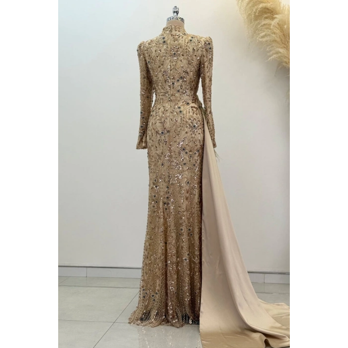 Beli Kuyruk Detay Dantel Zenna Abiye - Gold