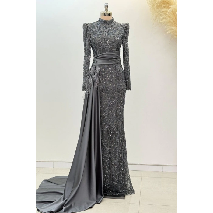 Beli Kuyruk Detay Dantel Zenna Abiye - Gri