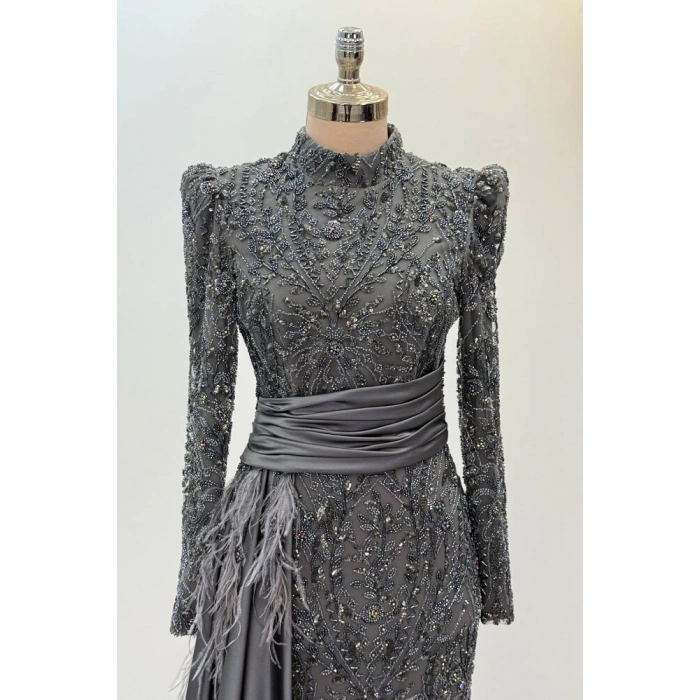 Beli Kuyruk Detay Dantel Zenna Abiye - Gri