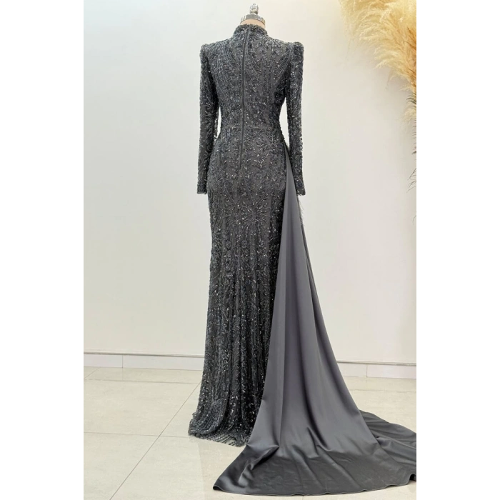 Beli Kuyruk Detay Dantel Zenna Abiye - Gri