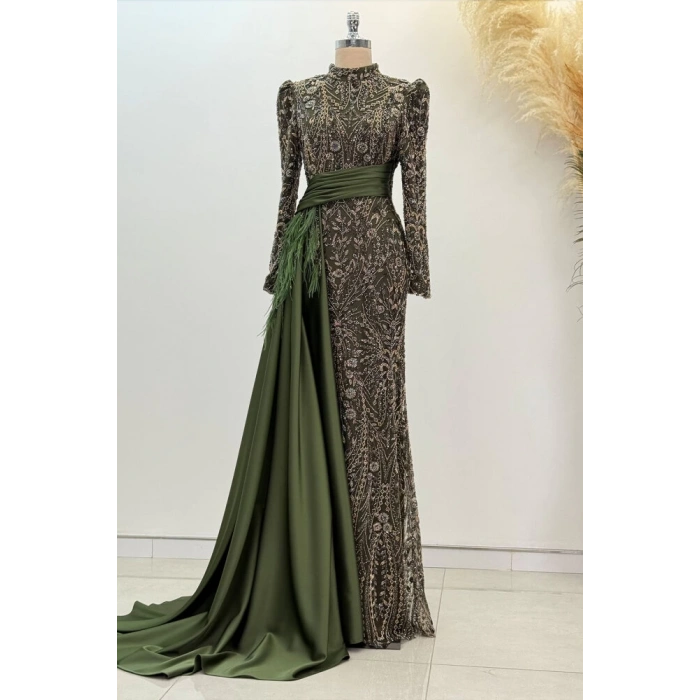 Beli Kuyruk Detay Dantel Zenna Abiye - Haki