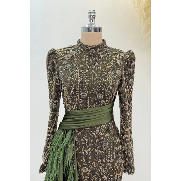 Beli Kuyruk Detay Dantel Zenna Abiye - Haki