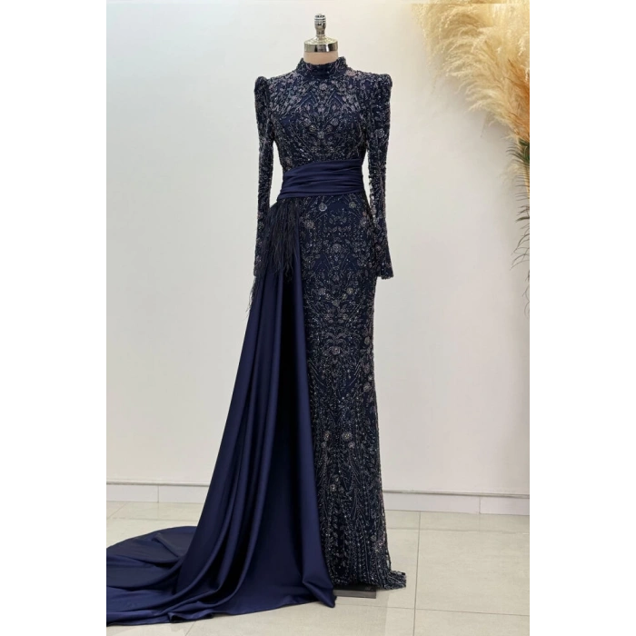 Beli Kuyruk Detay Dantel Zenna Abiye - Lacivert