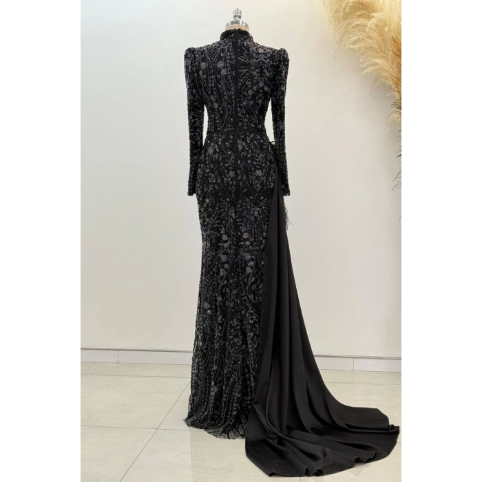 Beli Kuyruk Detay Dantel Zenna Abiye - Siyah