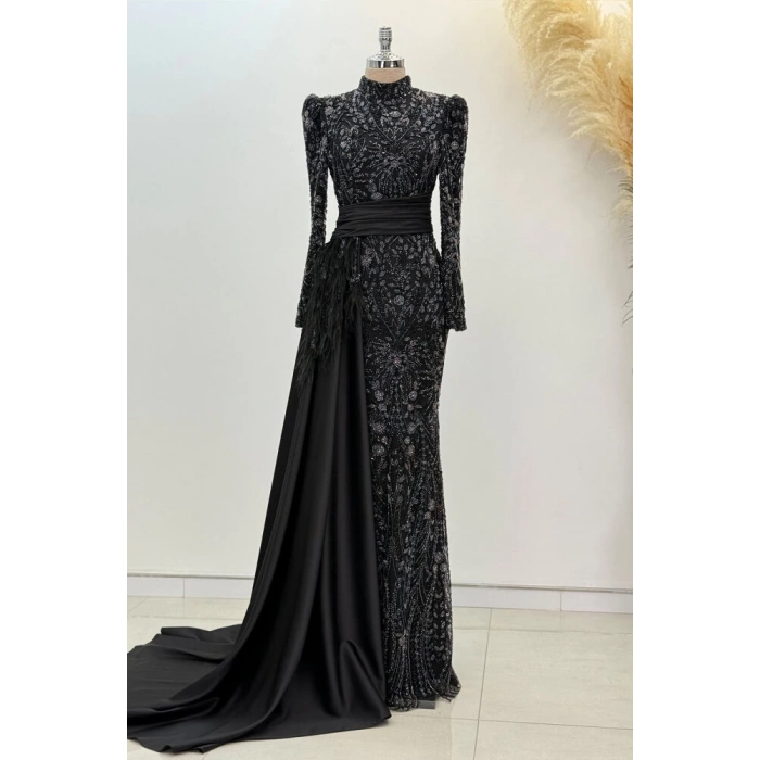 Beli Kuyruk Detay Dantel Zenna Abiye - Siyah