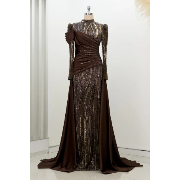 Boncuk Detay Kuyruklu Hailey Abiye - Kahve