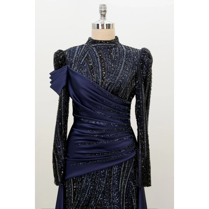 Boncuk Detay Kuyruklu Hailey Abiye - Lacivert