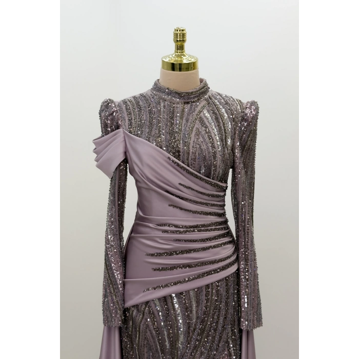 Boncuk Detay Kuyruklu Hailey Abiye - Lila