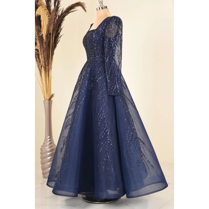 Boncuk İşlemeli Karmen Abiye - Lacivert