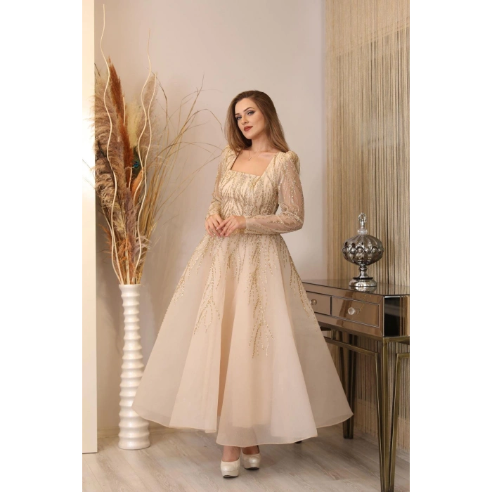 Boncuk İşlemeli Karmen Abiye - Gold