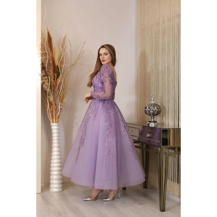 Boncuk İşlemeli Karmen Abiye - Lila