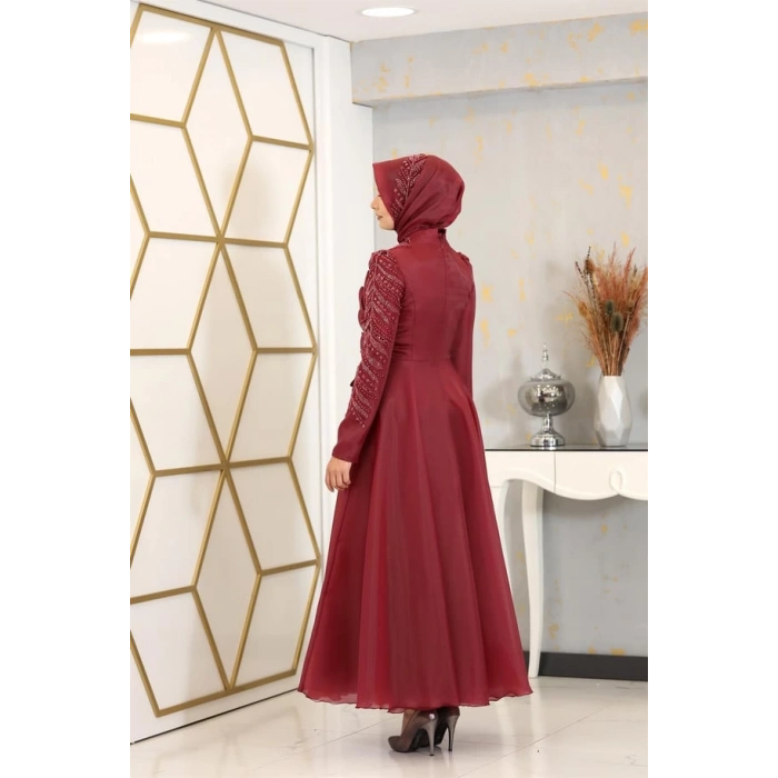 Çiçek Detaylı Ela Tesettür Abiye - Bordo