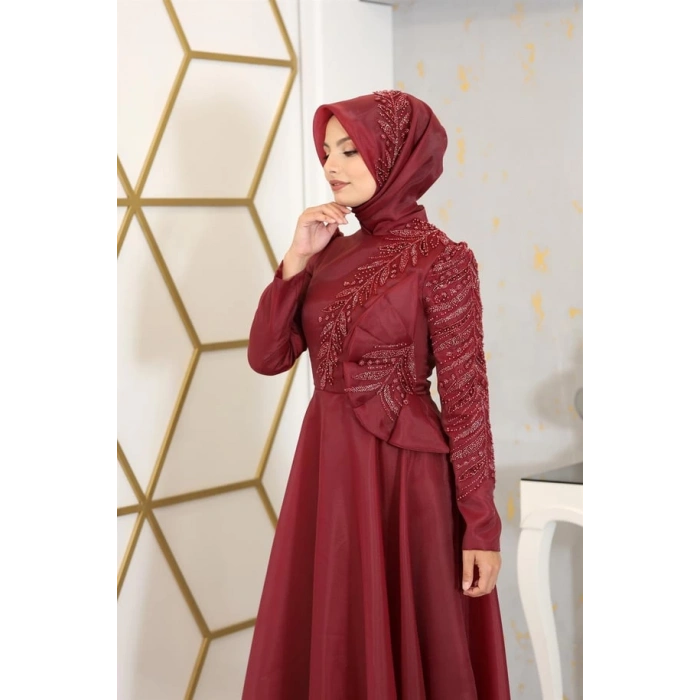 Çiçek Detaylı Ela Tesettür Abiye - Bordo
