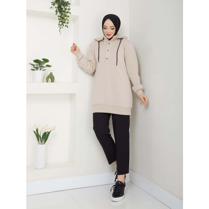 KAPŞONLU SWEATSHİRT BEJ