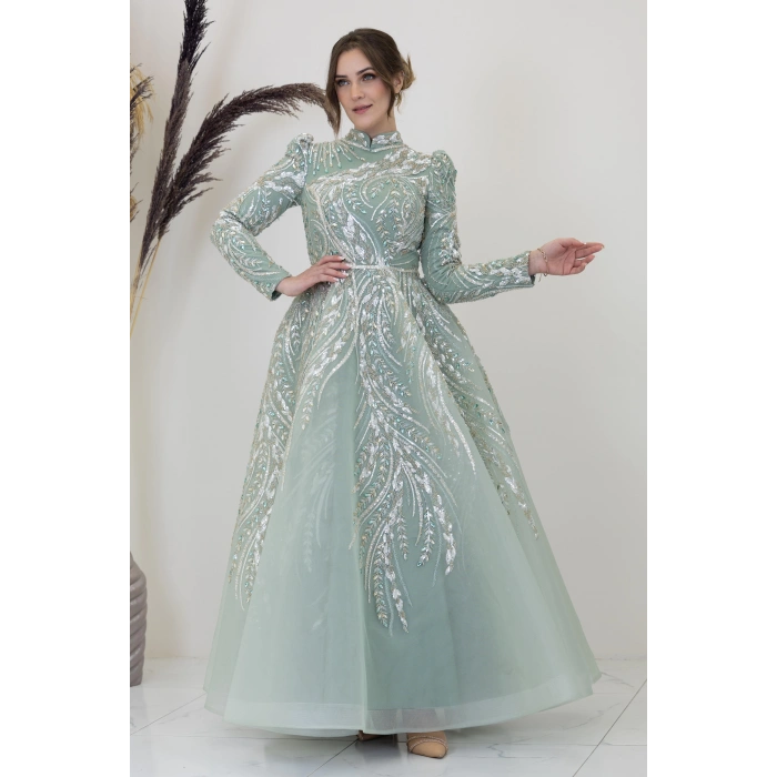 Önü Aplik İşlemeli Pelerinli Kayra Abiye - Çağla